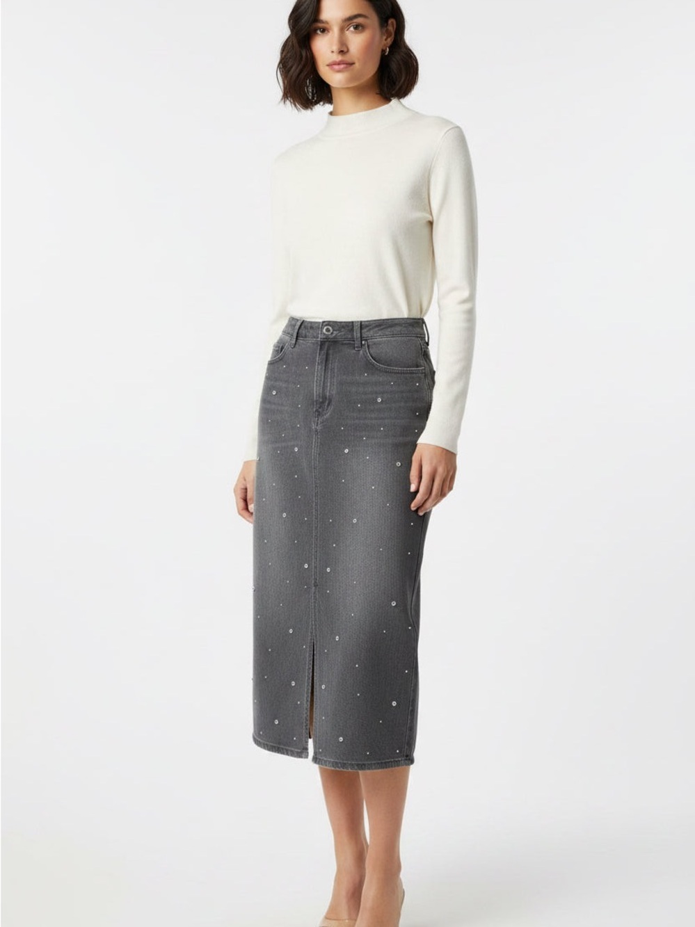 a.n.a Gray Studded Midi Denim Skirt